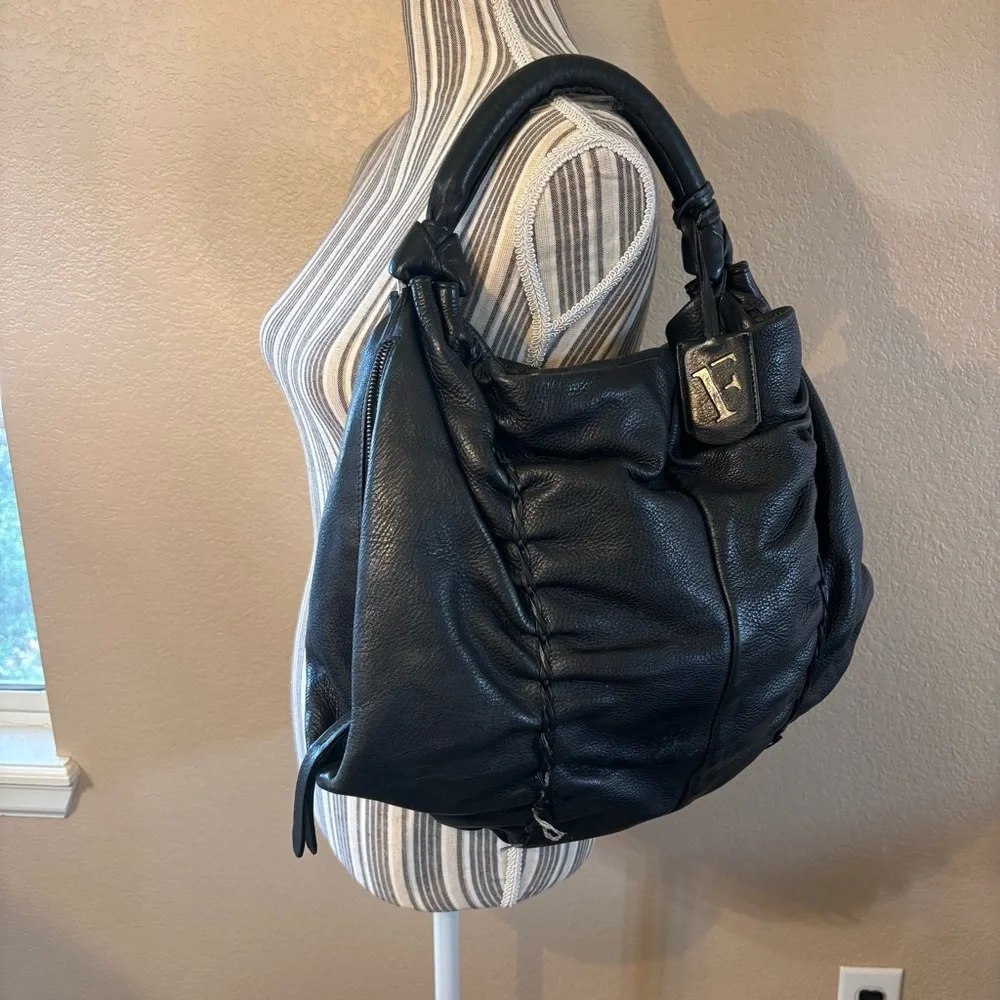 Vintage Furla REHAB Bag Black Leather Hobo Bag braided Trim magnetic snap close